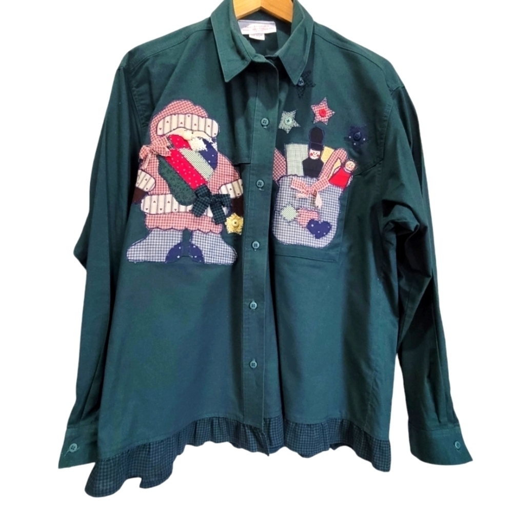 Vintage XL 100% Cotton Embroidered Long Sleeve Button Down Ruffle Hem